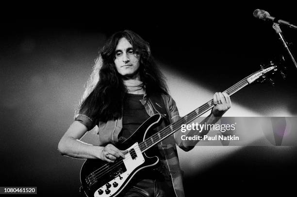 Geddy Lee of the band Rush performs at the International Ampitheater in Chicago Illinois , April 2, 1980 .