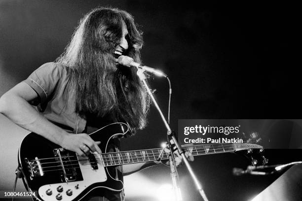 Geddy Lee of the band Rush performs at the International Ampitheater in Chicago Illinois , April 2, 1980 .