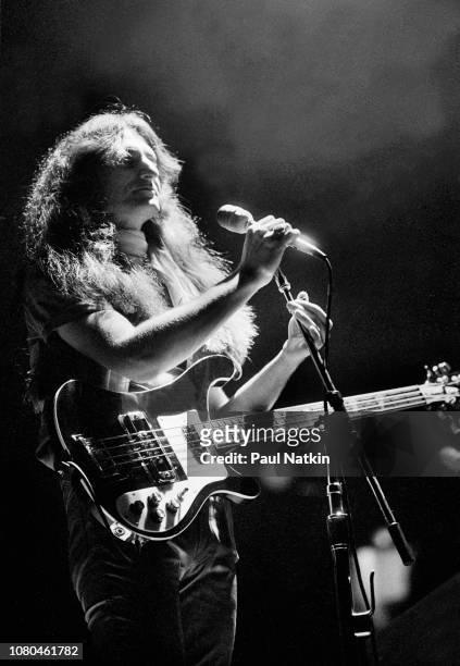 Geddy Lee of the band Rush performs at the International Ampitheater in Chicago Illinois , April 2, 1980 .