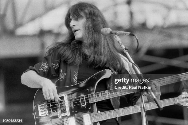 Geddy Lee of the band Rush performs at Comiskey Park in Chicago, Illinois, August 19, 1979.