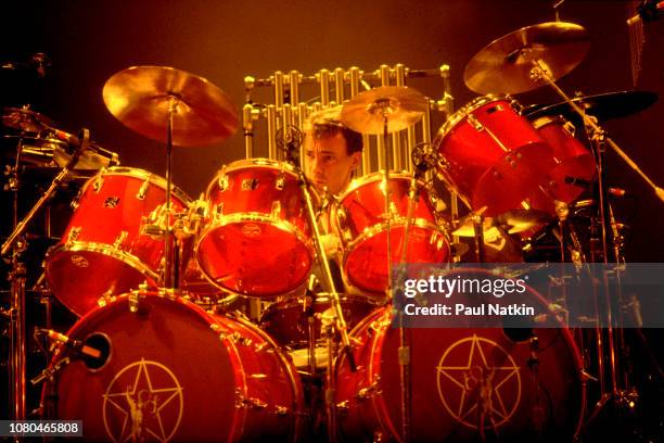 Neil Peart of the band Rush performs at the Rosemont Horizon in Rosemont, Illinois, November 19, 1982.