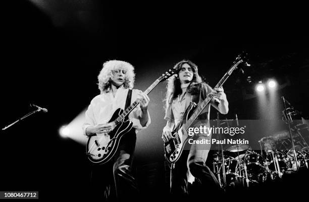 Alex Lifeson, Geddy Lee and Neil Peart of the band Rush performs at the International Ampitheater in Chicago Illinois , December 14, 1978 .