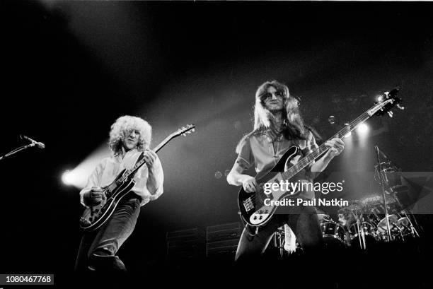 Alex Lifeson, Geddy Lee and Neil Peart of the band Rush performs at the International Ampitheater in Chicago Illinois , December 14, 1978 .