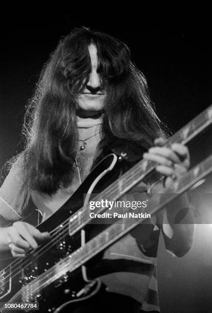 Geddy Lee of the band Rush performs at the International Ampitheater in Chicago Illinois , December 14, 1978 .