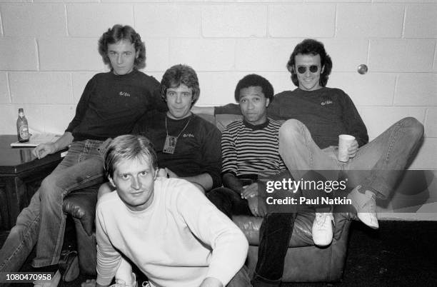 Portrait of the band Red Rider, left to right, Ken Greer, Tom Cochrane , Rob Baker, Jeff Jones, and Peter Boynton at the Rosemont Horizon in...