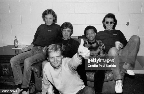 Portrait of the band Red Rider, left to right, Ken Greer, Tom Cochrane , Rob Baker, Jeff Jones, and Peter Boynton at the Rosemont Horizon in...