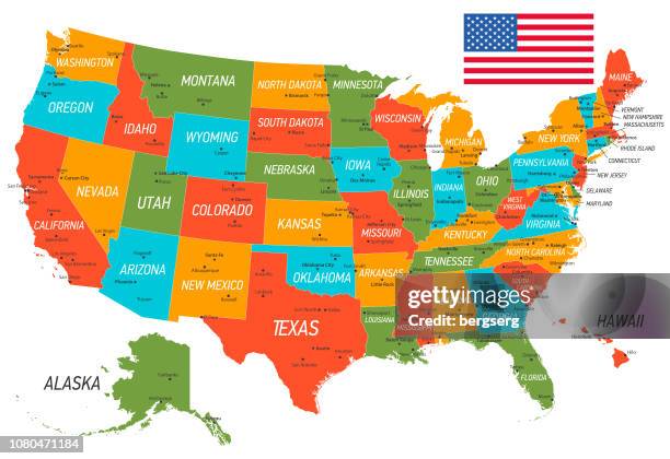 stockillustraties, clipart, cartoons en iconen met de kaart van de verenigde staten van amerika. vector kaart met staten en nationale vlag - westelijke verenigde staten