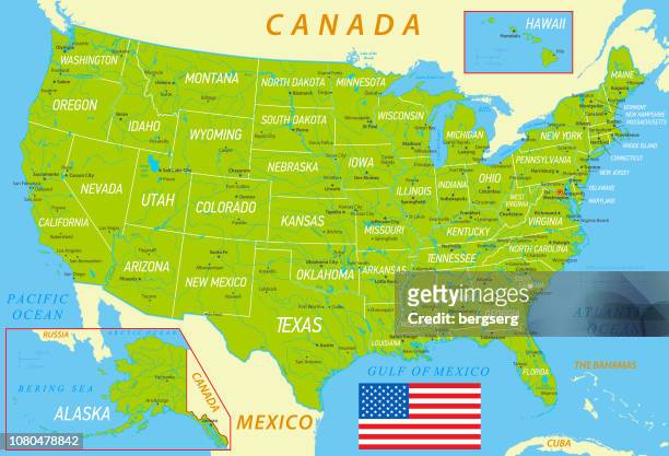 usa green map with national flag, states and rivers - northern maine stock illustrations