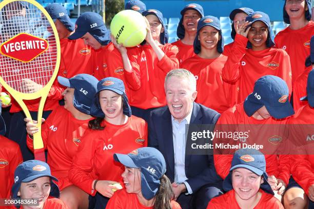 Australian Open tournament director Craig Tiley reacts during the 2019 Australian Open Ballkids launch at Melbourne Park on December 11, 2018 in...