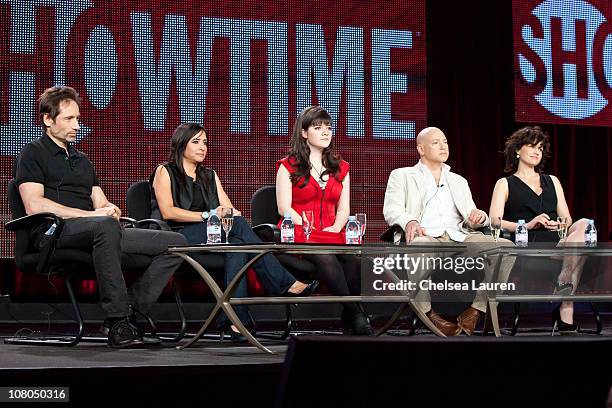Actors David Duchovny, Pamela Adlon, Madeleine Martin, Evan Handler and Carla Gugino of "Californication" speak at the 2011 Showtime Winter TCA Panel...