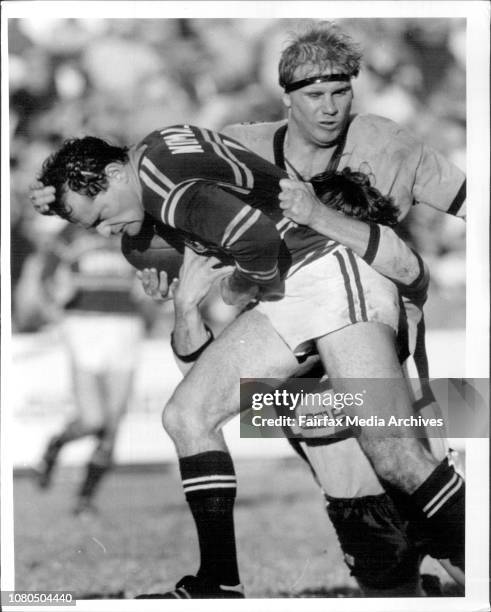 Rugby League at Brookvale Oval.Manly vs Cronulla.Andrew Ettingshausen &amp; Mike Gregory wrap up Dale Shearer. July 26, 1987. .