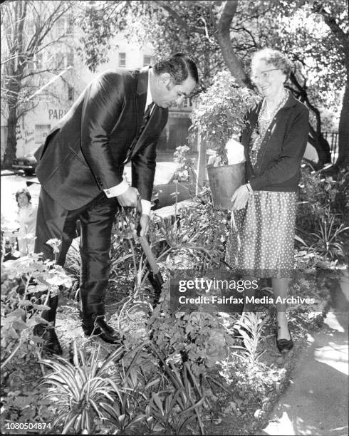 Ald Shehadie helps Mrs Watts by digging in the garden where the tree will he planted.The Sydney City Council today gave away 1500 trees to it's...