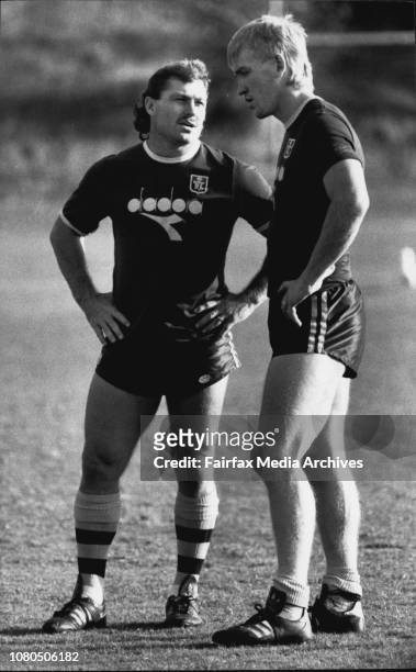 Ruby League player Terry Lamb at training for the State of Origin series with Gary Jack. May 17, 1989. .