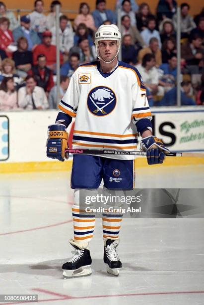 Pierre Turgeon of the Buffalo Sabres skates against the Toronto Maple Leafs during NHL game action on March 16, 1990 at Buffalo Memorial Auditorium...