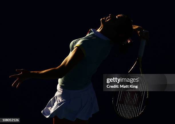 Jarmilla Groth of Australia serves during the Women's singles final match against Bethanie Mattek-Sands of USA during day seven of the Moorilla...