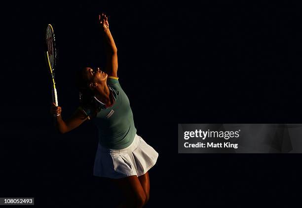 Jarmilla Groth of Australia serves during the Women's doubles semi final match with her partner Klara Kakopalova of Czech Republic against Kateryna...