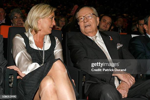 Marine Le Pen and her father Jean-Marie Le Pen sit next to each other as French nationalist party Front National elects its new leader on January 15,...