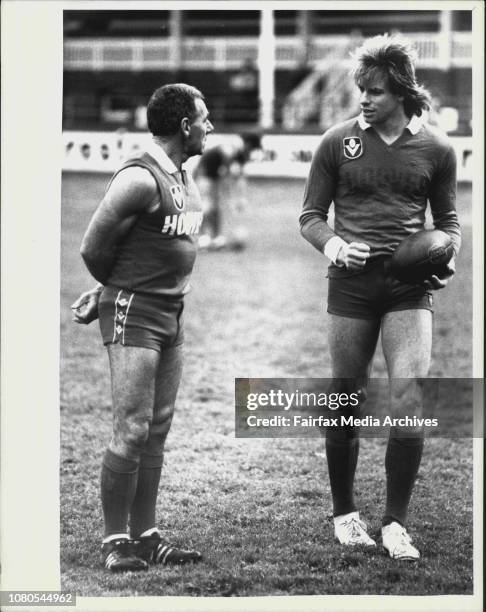 Swans training at Showgrounds...Coach Tom Hagay &amp; full forward Warwick Capper. August 19, 1987. .