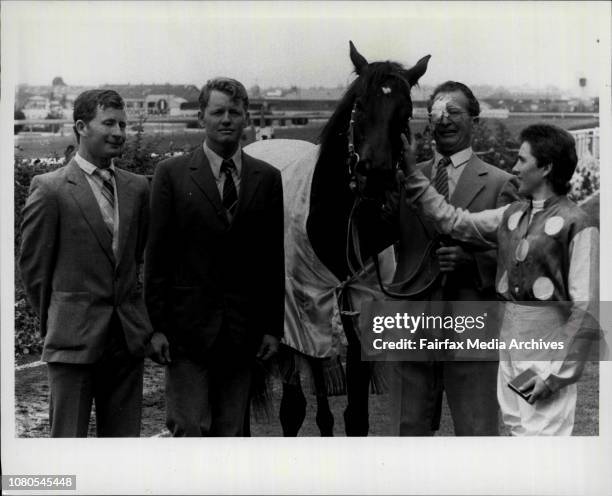 Presentation of Silver Slipper, Winner Kisses For Kathy trainer and part owner Neil Jackson part owner Robert Jackson and jockey Neil Paine with...