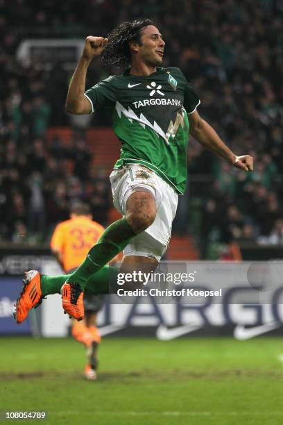 Claudio Pizarro of Bremen celebrates the first goal during the Bundesliga match between SV Werder Bremen and 1899 Hoffenheim at Weser Stadium on...