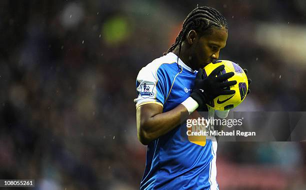 Hugo Rodallega of Wigan reacts to a missed chance during the Premier League match between Wigan Athletic and Fulham at the DW Stadium on January 15,...