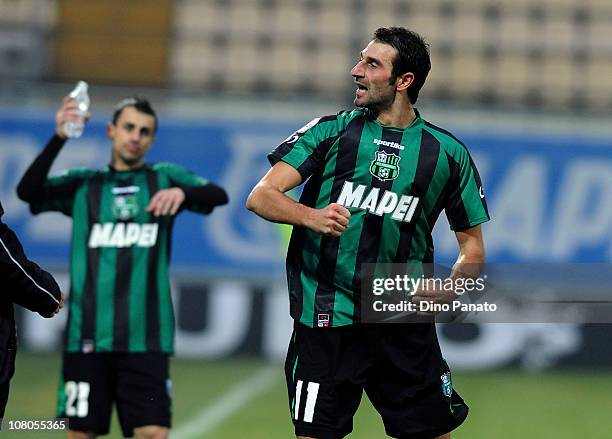 Michele Troiano of US Sassuolo celebrates after scoring his first goal during the Serie B match between US Sassuolo and AS Livorno at Alberto Braglia...