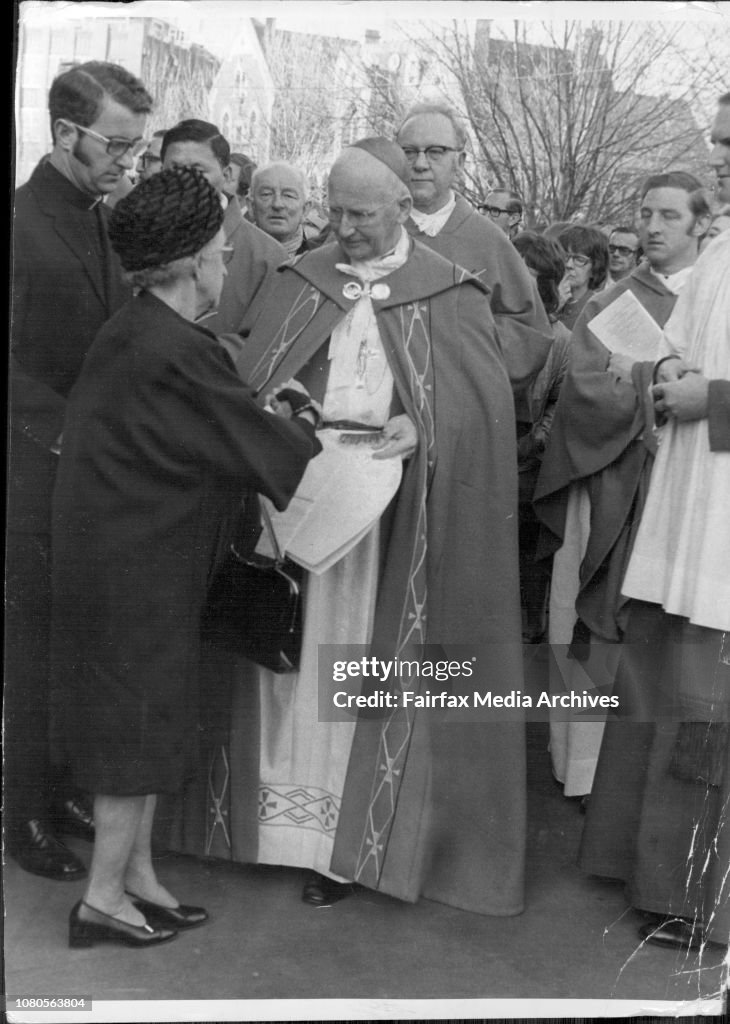 Funeral of the former Federal Oppostition leader Mr. Arthur Calwell, who died last Sunday. The service was held at St. Patrick's Cathedral in Melbourne and the burial at the Melbourne General Cemetry.Mr. Calwell & Cardinal Knox after serving at St. Patric