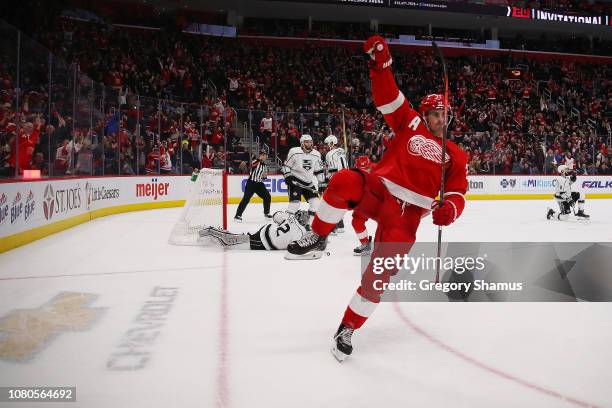 Dylan Larkin of the Detroit Red Wings celebrates his second period goal in front of Jonathan Quick of the Los Angeles Kings at Little Caesars Arena...