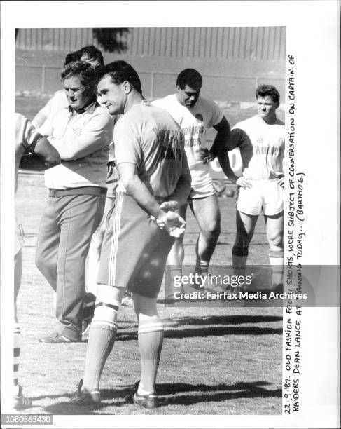 Old fashion footy shorts, were subjects of conversation on captain of raiders Dean Lance at training today. September 22, 1987. .