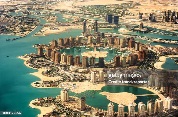 doha pearl aerial view - doha pearl stock pictures, royalty-free photos & images