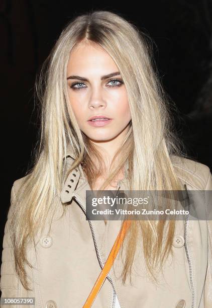 Model Cara Delevingne attends the Burberry Prorsum Fashion Show as part of Milan Fashion Week Menswear A/W 2011 on January 15, 2011 in Milan, Italy.