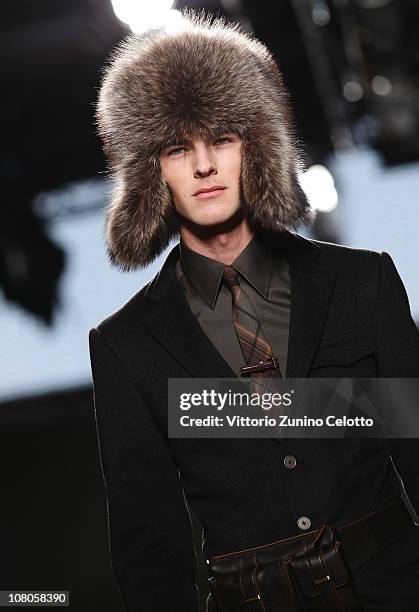 Model walks down the runway during the Ermenegildo Zegna Milan Fashion Week Menswear A/W 2011 show on January 15, 2011 in Milan, Italy.