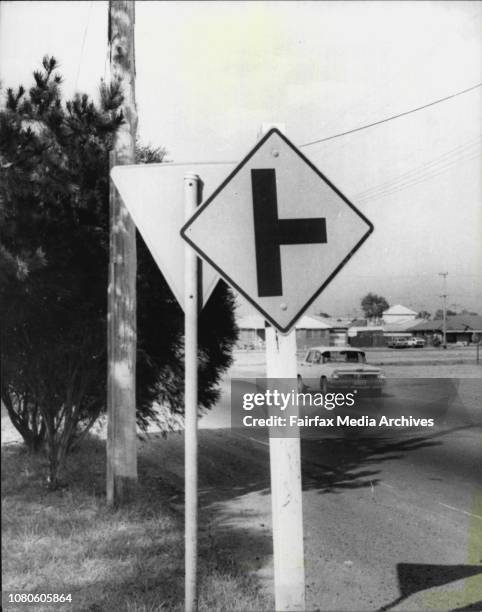 The hazardous intersection of Henry Lawson Drive and Bullecourt Avenue, Milperra.The obscured traffic signs seen from Bulecourt Ave. August 17, 1977....