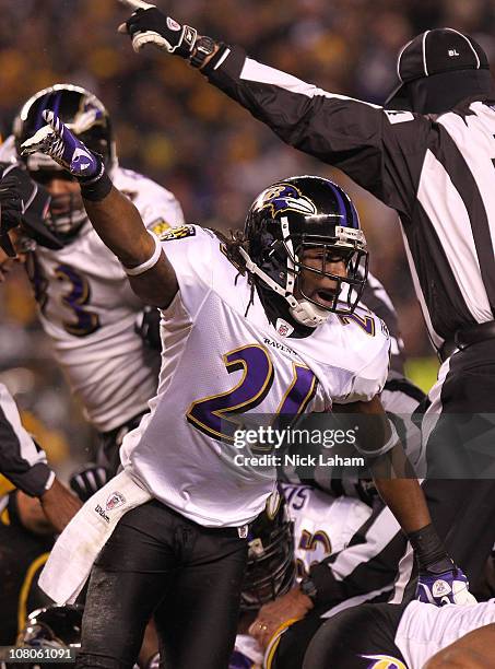 Cornerback Ladarius Webb of the Baltimore Ravens reacts after a turnover by the Pittsburgh Steelers during the AFC Divisional Playoff Game at Heinz...