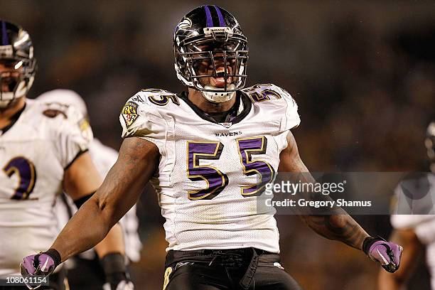 Linebacker Terrell Suggs of the Baltimore Ravens reacts after sacking quarterback Ben Roethlisberger of the Pittsburgh Steelers during the AFC...