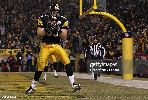 Tight end Heath Miller of the Pittsburgh Steelers catches the ball for a touchdown against the Baltimore Ravens in the third quarter of the AFC...