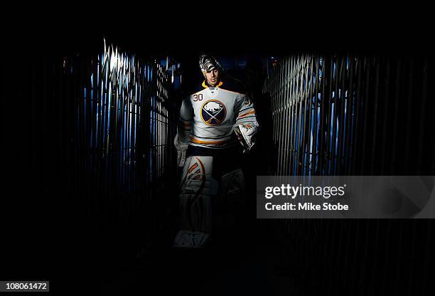 Goaltender Ryan Miller of the Buffalo Sabres skates off the ice after warming up for the game against the New York Islanders on January 15, 2011 at...