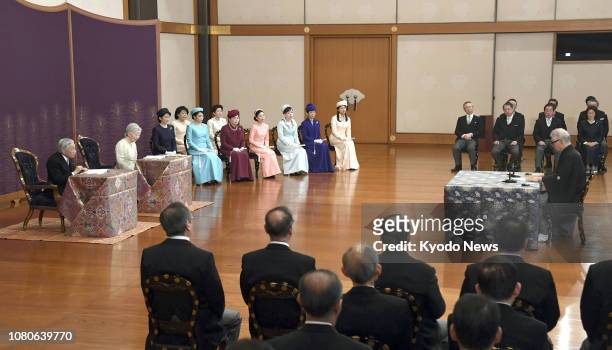 Japanese Emperor Akihito , Empress Michiko and other imperial family members attend a lecture given by Nobel-winning scientist Tasuku Honjo at the...