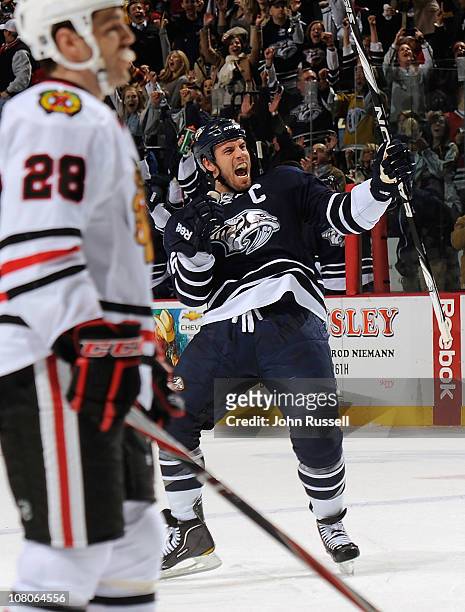 Shea Weber of the Nashville Predators celebrates his game-tying goal against the Chicago Blackhawks during an NHL game on January 15, 2011 at...