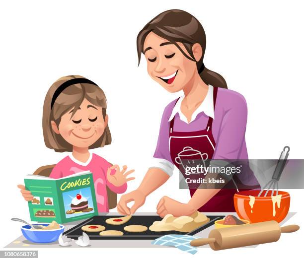 mutter und tochter machen cookies - mutter kind lachen zuhause stock-grafiken, -clipart, -cartoons und -symbole