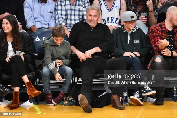 Kevin Costner, Hayes Logan Costner and Cayden Wyatt Costner attend a basketball game between the Los Angeles Lakers and the Miami Heat at Staples...