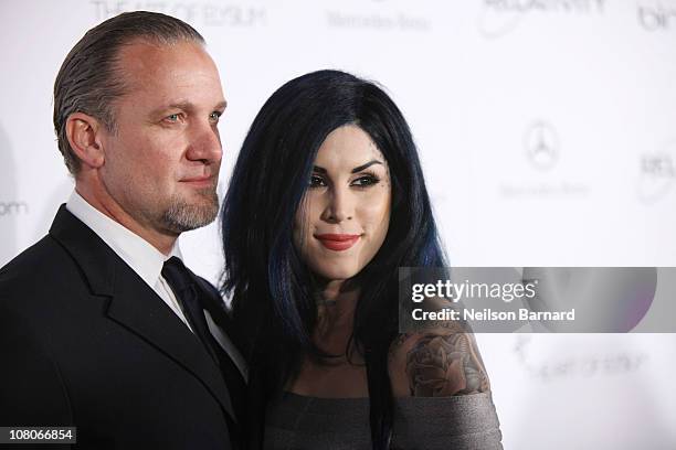 Personalities Jesse James and Kat Von D attend the Art Of Elysium "Heaven" Gala 2011 at The California Science Center Exposition Park on January 15,...