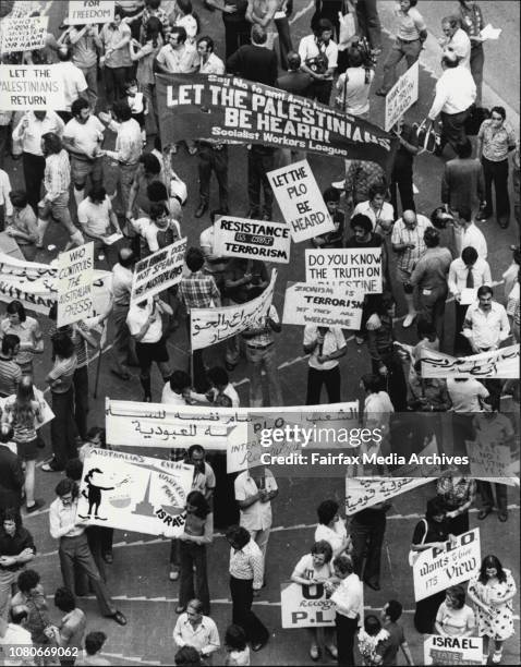 Supporters of the Palestine Liberation Organisation pictured at the protects rally held at Chifley Sq. This evening, the crowd nearly 1000 later...