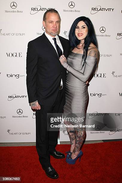 Personalities Jesse James and Kat Von D attend the Art Of Elysium "Heaven" Gala 2011 at The California Science Center Exposition Park on January 15,...