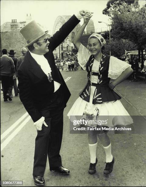 Rocks Celebrations.Outgoing Govn. Of The Rocks, Mr. John Pearce dances in the street with 13 years old, Miss Lynett Sills of Chester Hill, a member...