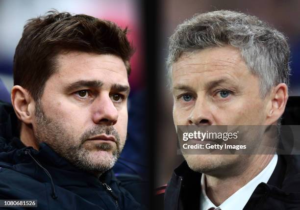 In this composite image a comparison has been made between Mauricio Pochettino, Manager of Tottenham Hotspur and Ole Gunnar Solskjaer, Interim...