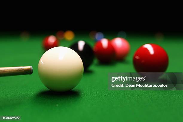 Detailed view of a cue and snooker balls shot in the practice room during The Ladbrokesmobile Masters on Day 7 at Wembley Arena on January 15, 2011...