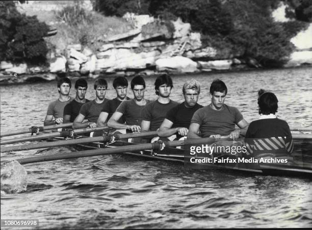 Shore Rowing Eight in training on the Parramatta River.Bow. Justin Sampson, 2. Robert Berkeley, 3. Ian Humphris, 4. Frank Wilkins, 5. David Dix, 6....