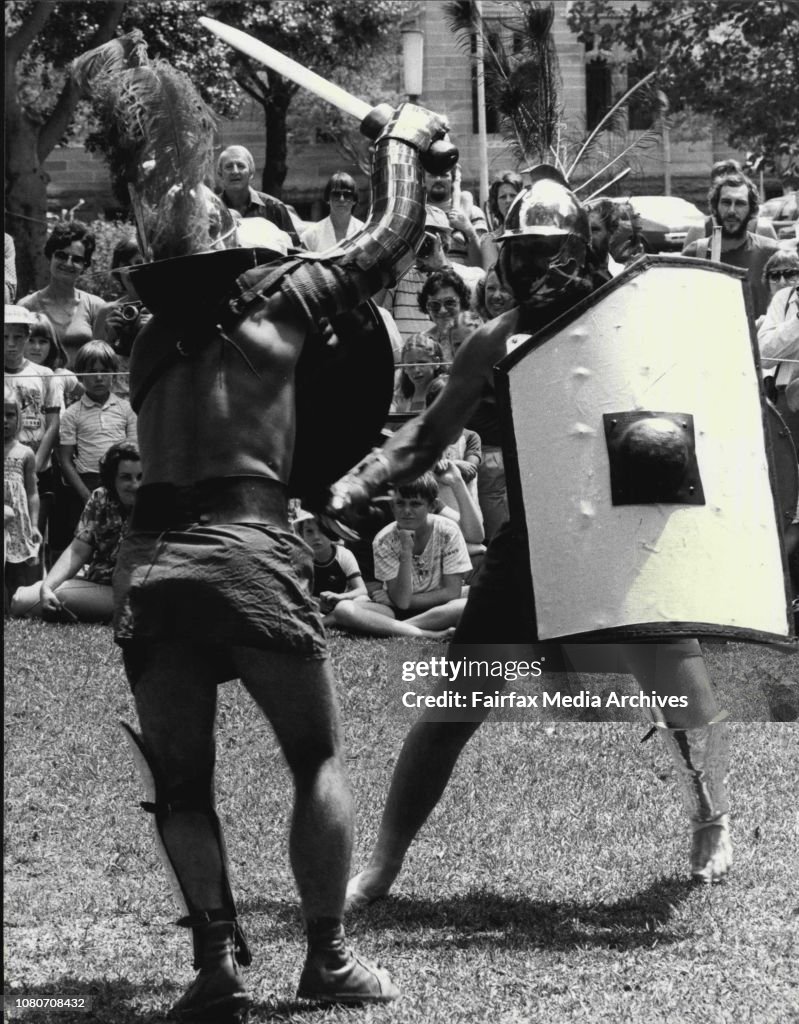 Mediaeval Fayre in Hyde Park.Members of the 'Ancient & Medieval Martial Arts Society' in the Pitch & Thurst of Chivalrous Combat.L to R: John Harris & Bruno Barrett Battle as Gladiator types Murmillo & Samnite.