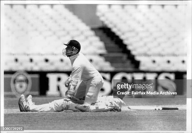 Cricket at the SCG....N.S.W. Vs Queensland.Bowler &amp; batsman Collide.Queensland hero Steve Storey and NSW opener Michael Siaster look to the...